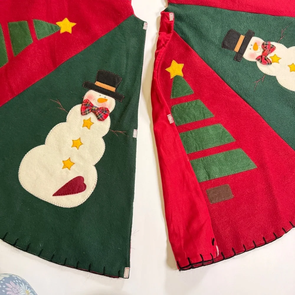 Felt Christmas Tree Skirt Red Green Snowman Tree Appliqué 44